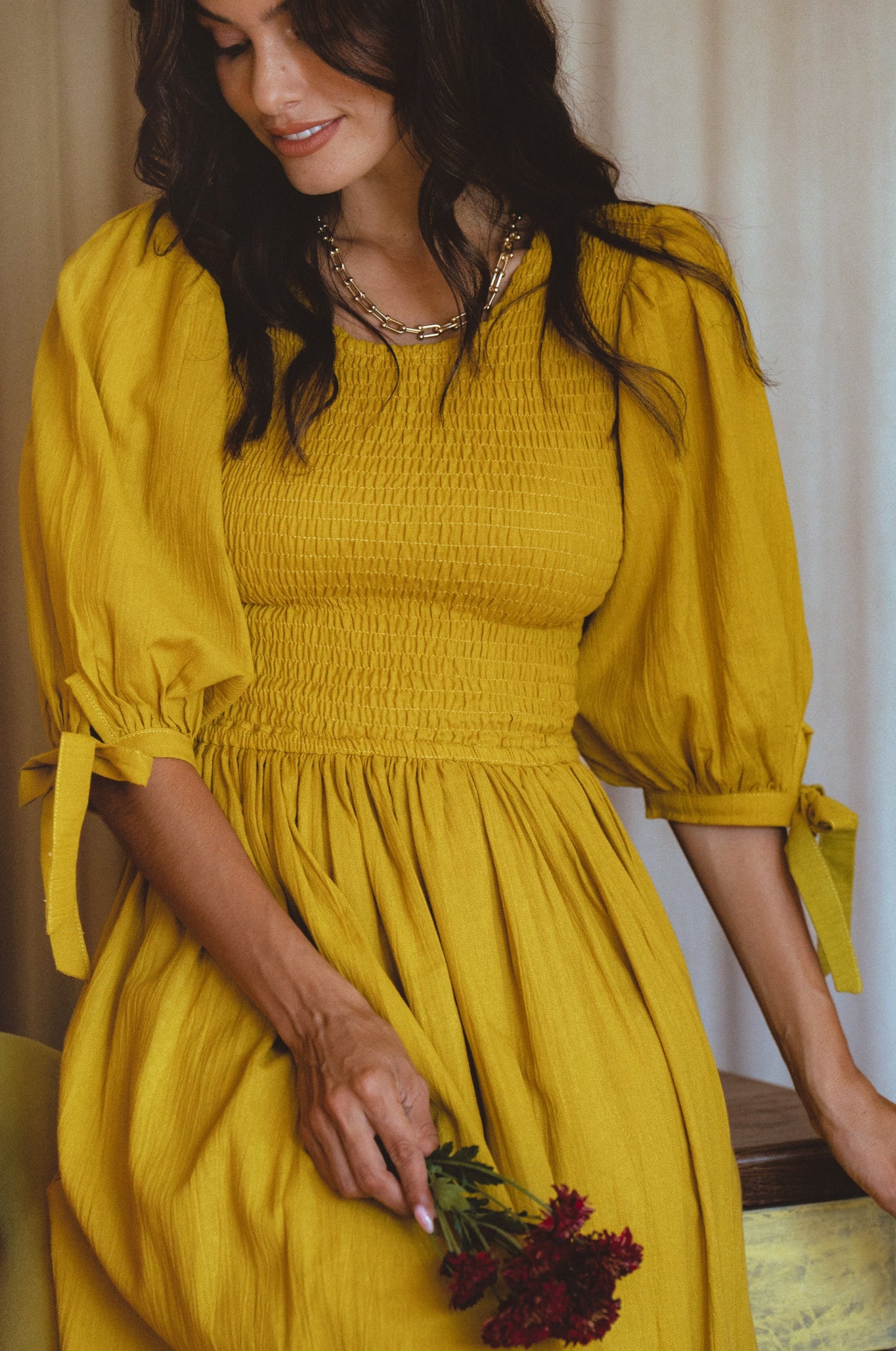 Smocked Linen Midi Dress