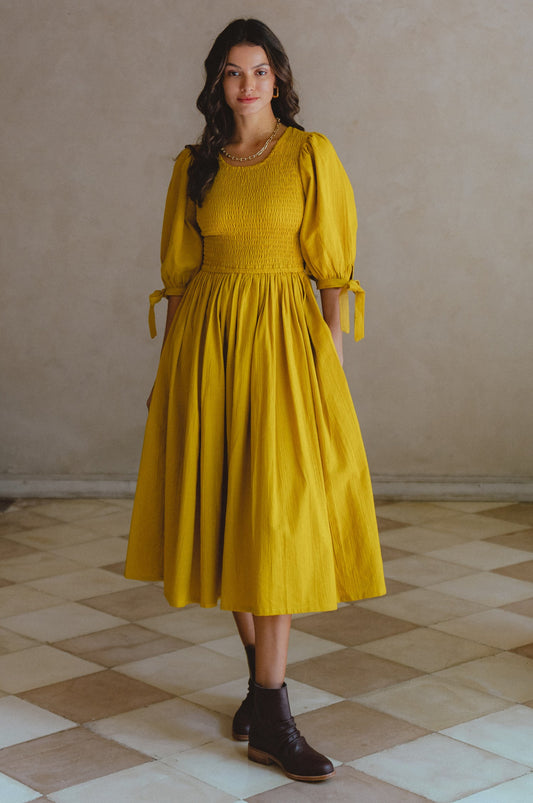 Smocked Linen Midi Dress