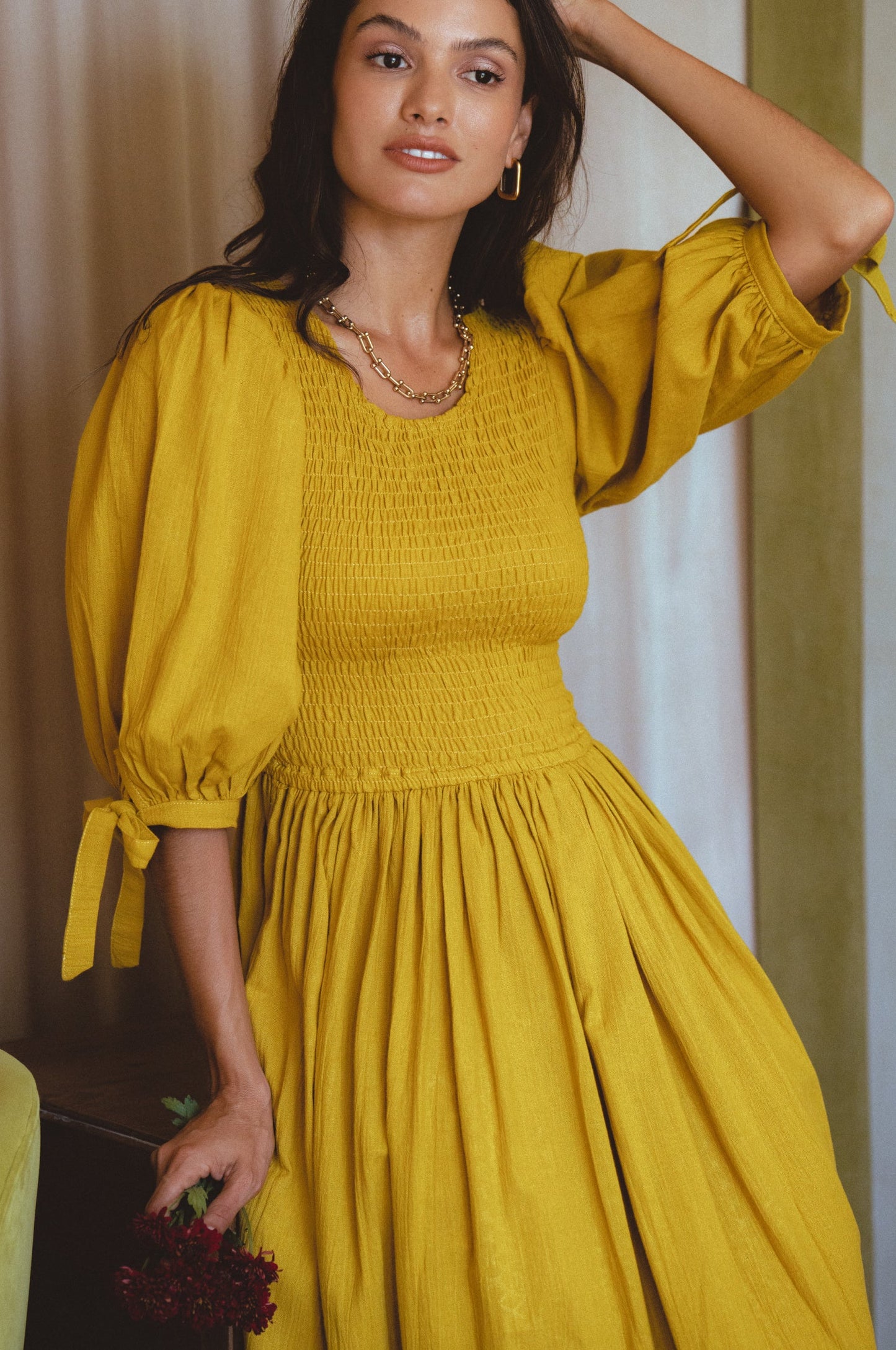 Smocked Linen Midi Dress