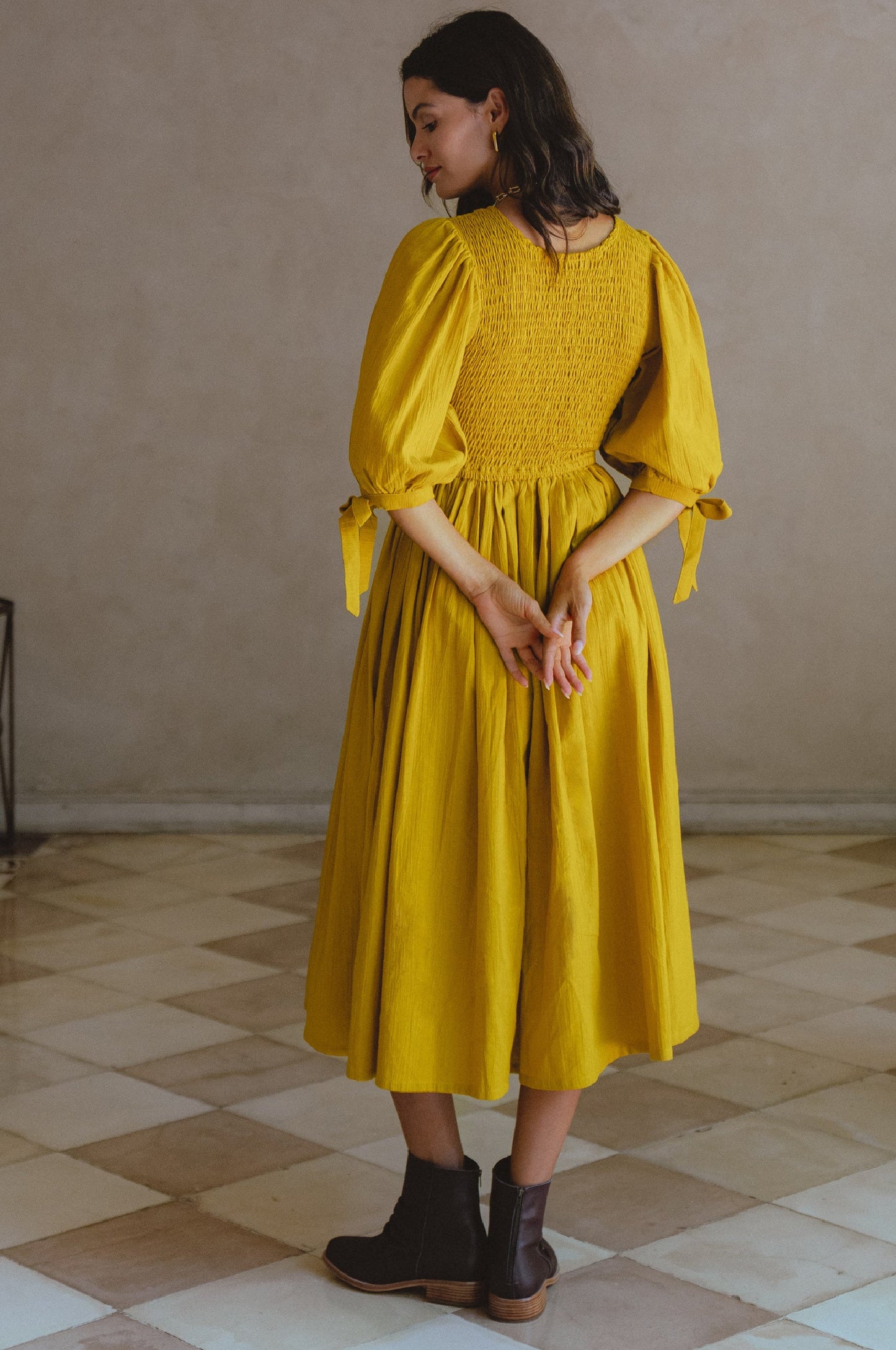 Smocked Linen Midi Dress
