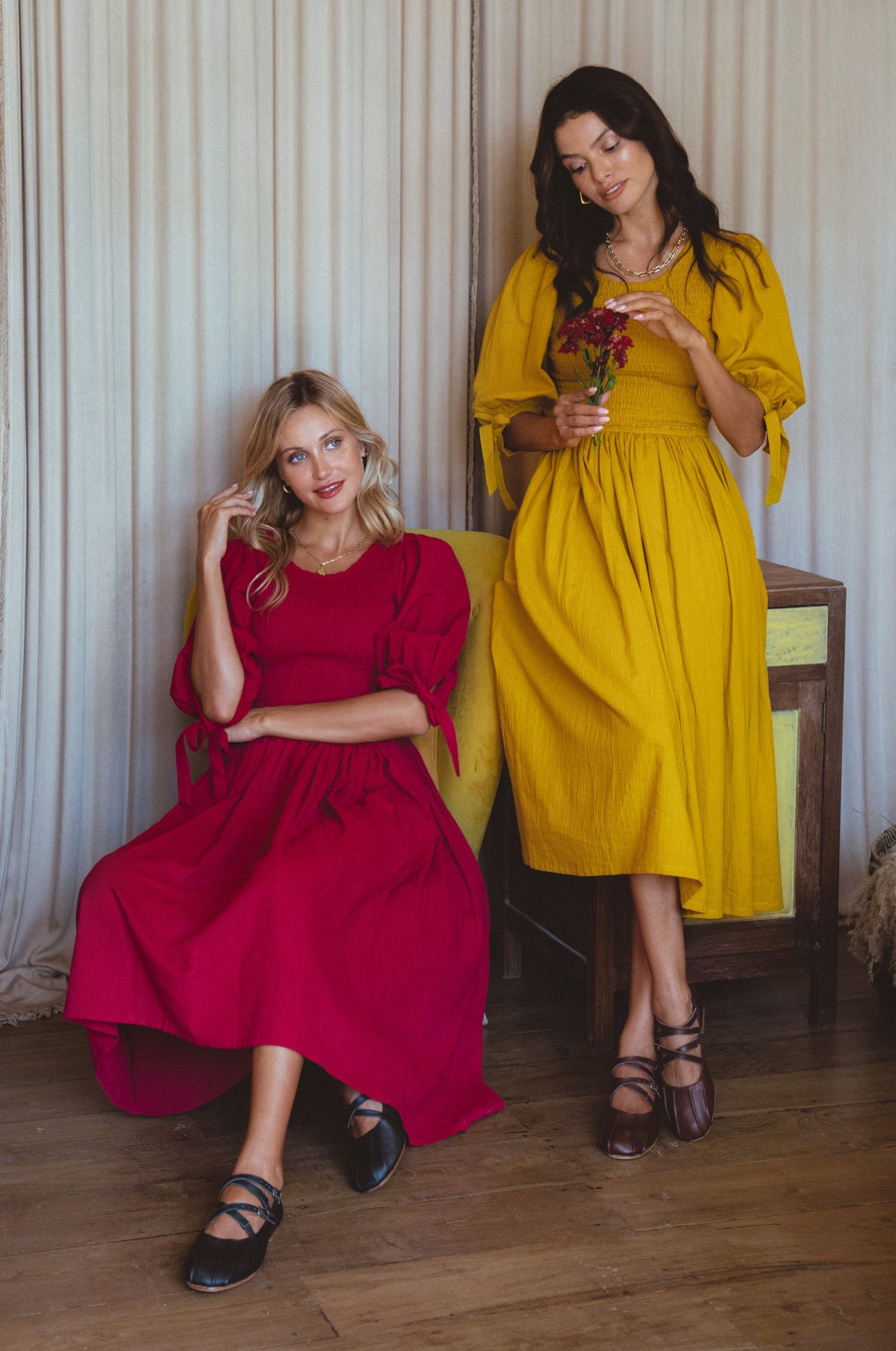 Smocked Linen Midi Dress