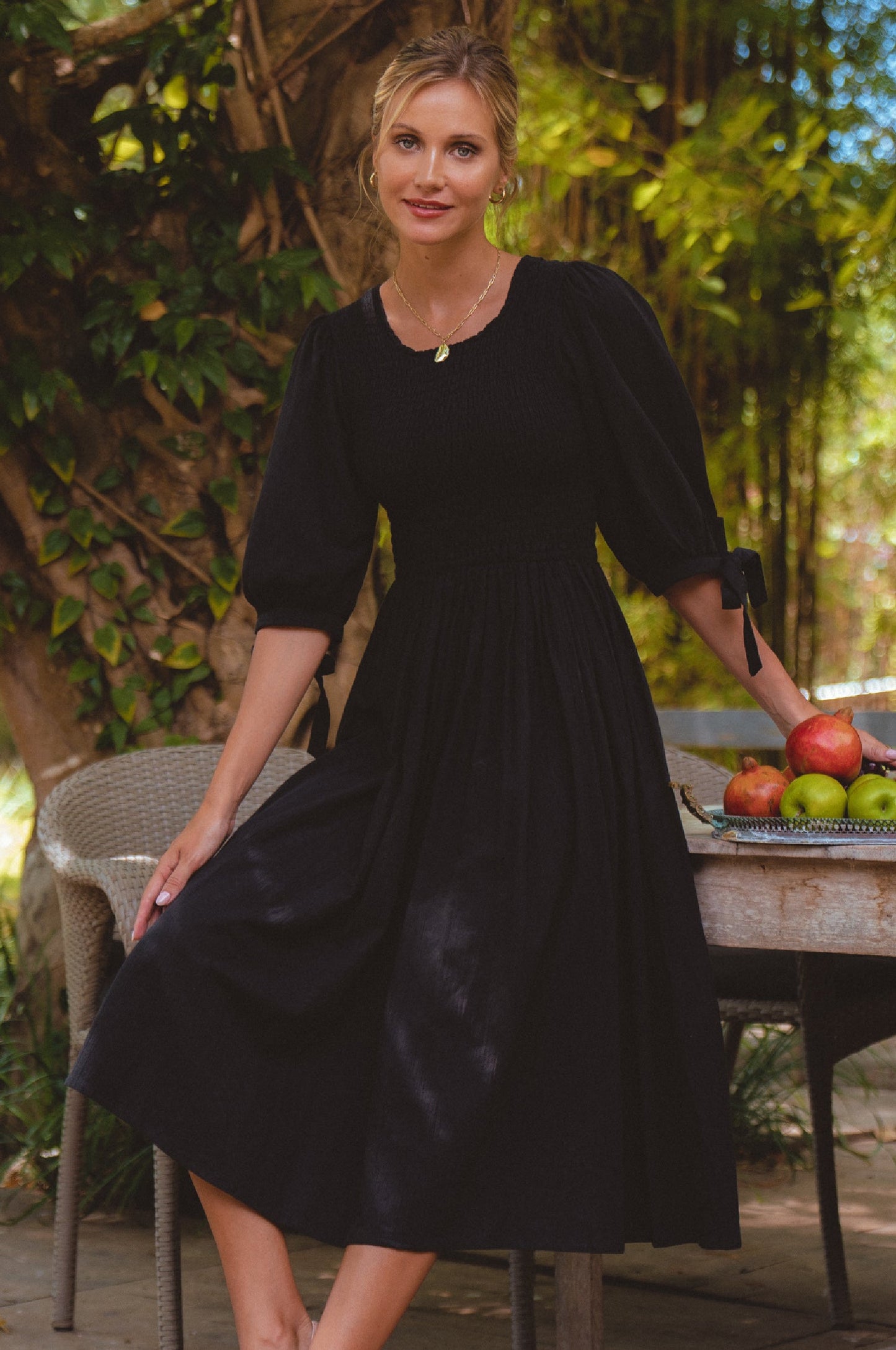 Smocked Linen Midi Dress