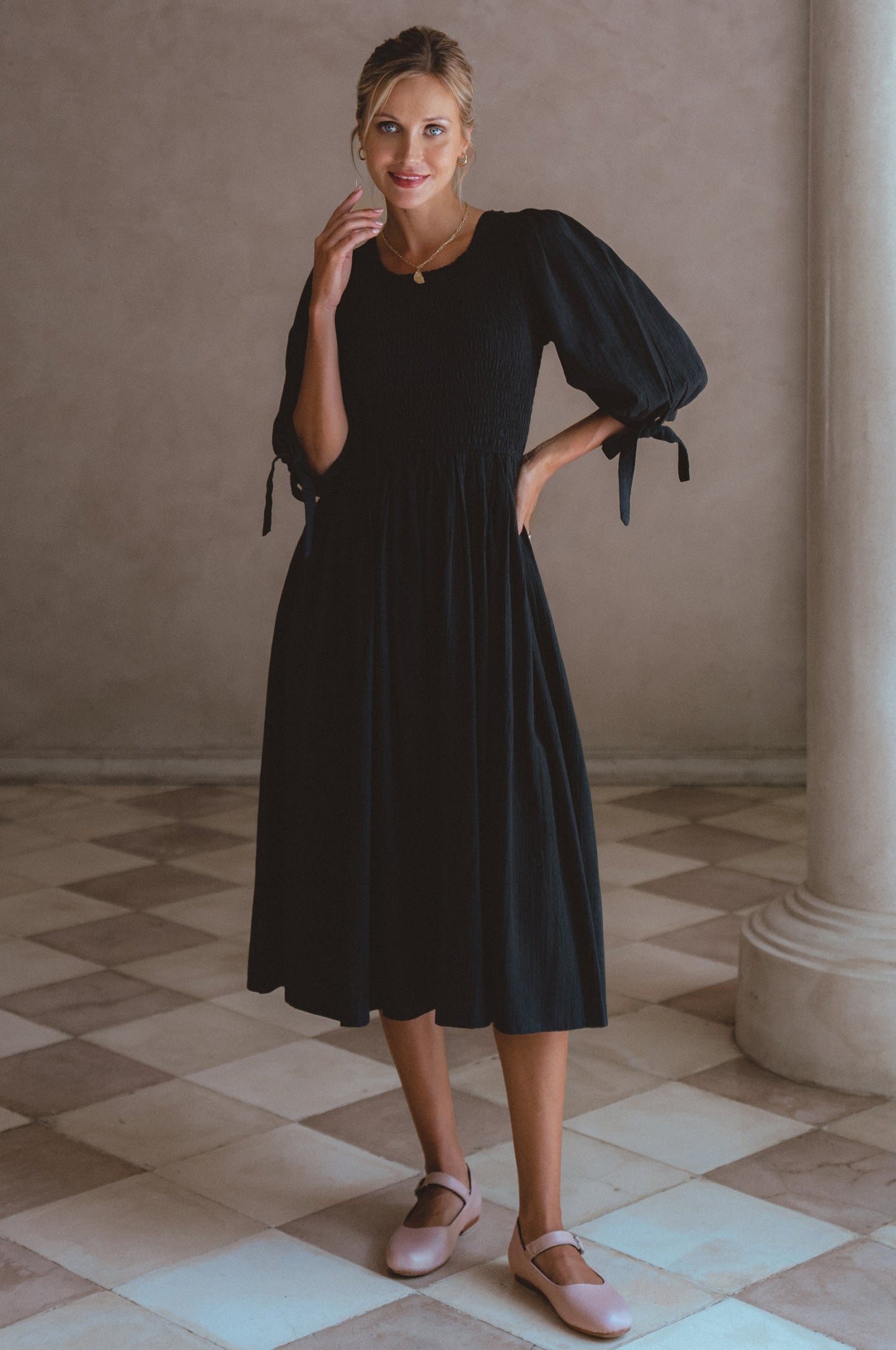 Smocked Linen Midi Dress