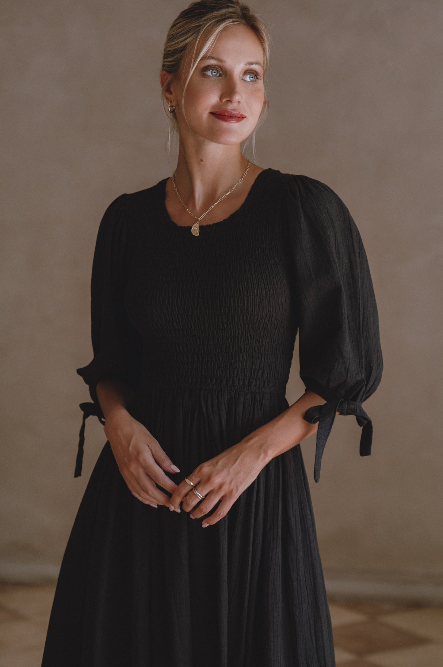 Smocked Linen Midi Dress