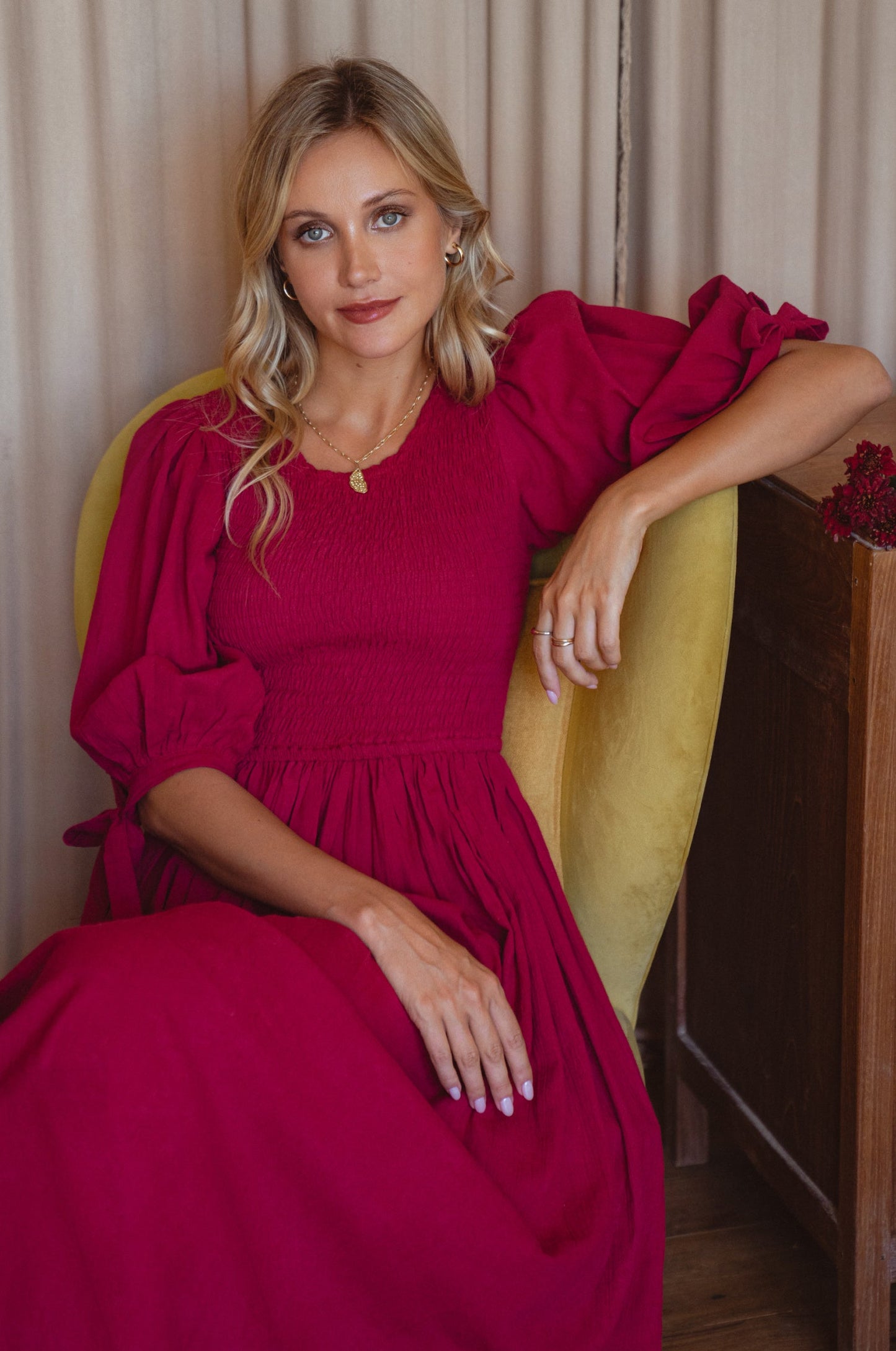 Smocked Linen Midi Dress