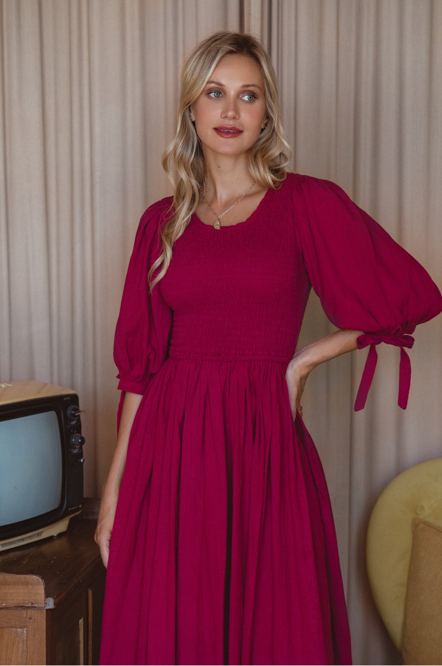 Smocked Linen Midi Dress