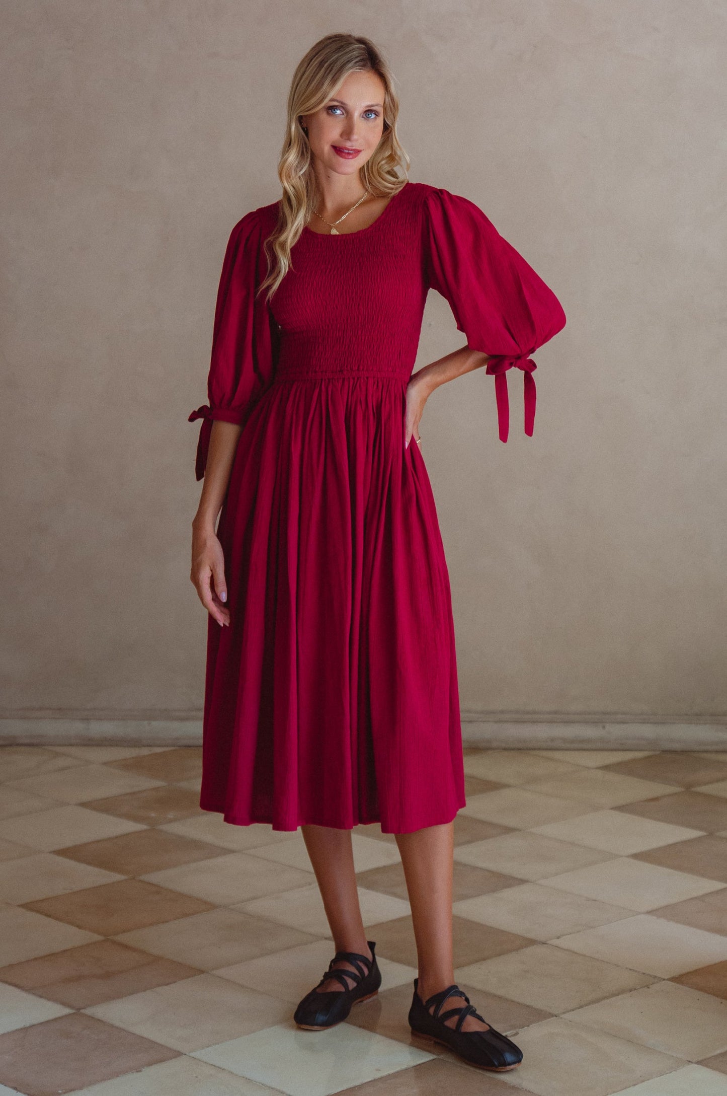 Smocked Linen Midi Dress