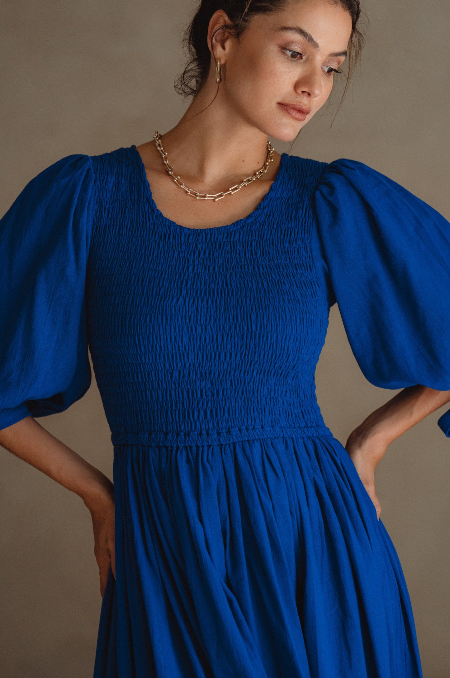 Smocked Linen Midi Dress