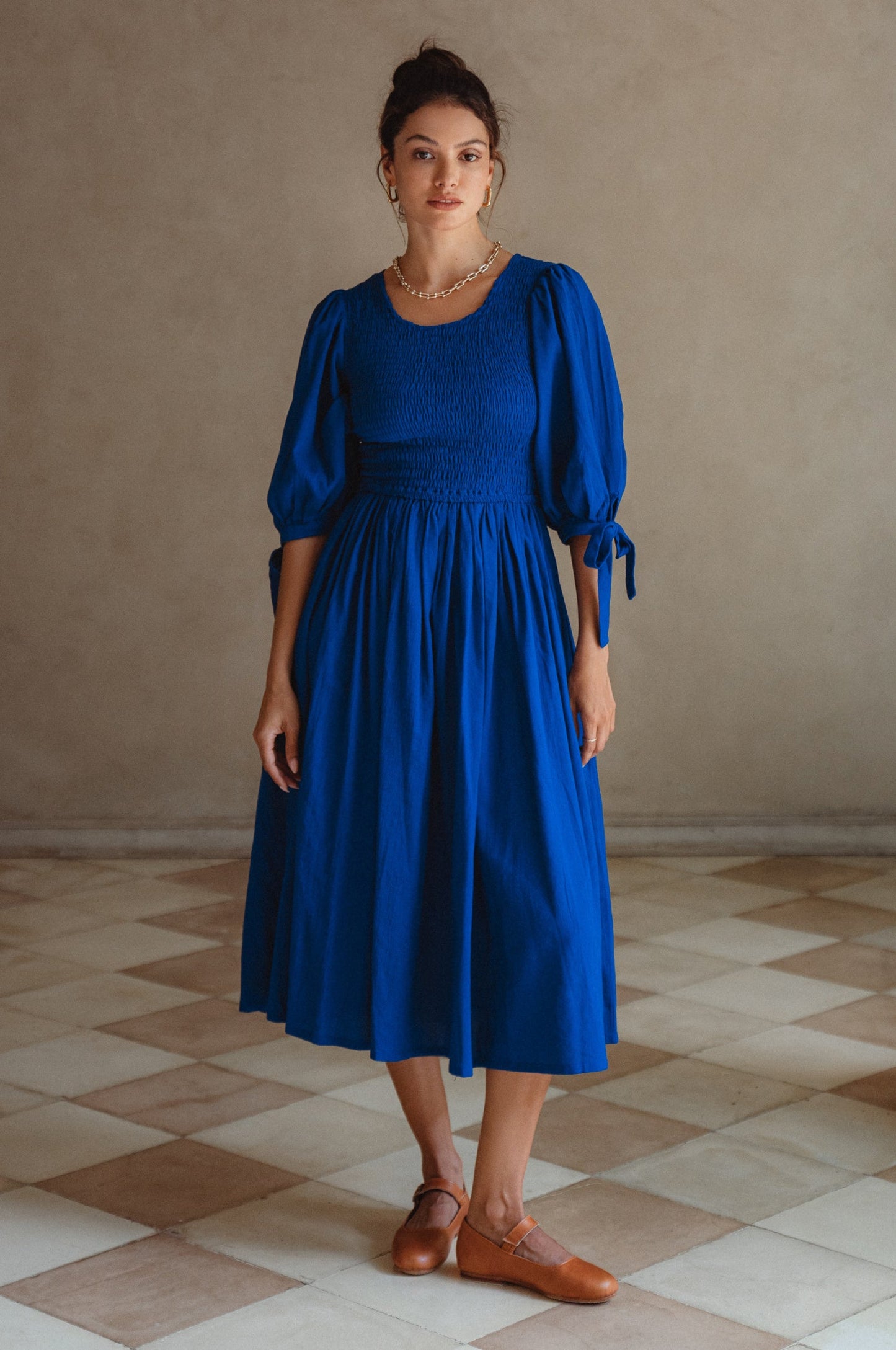 Smocked Linen Midi Dress