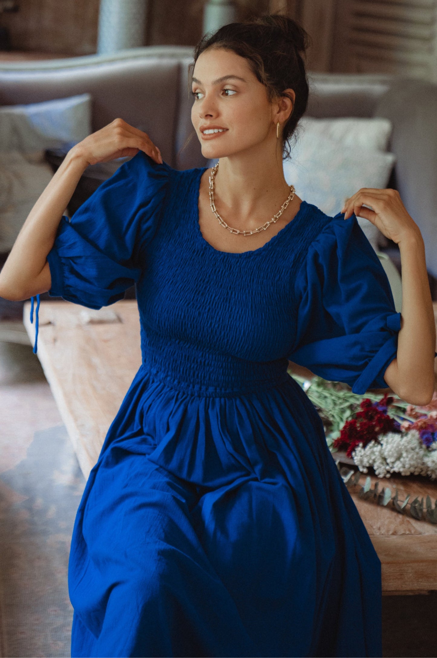 Smocked Linen Midi Dress