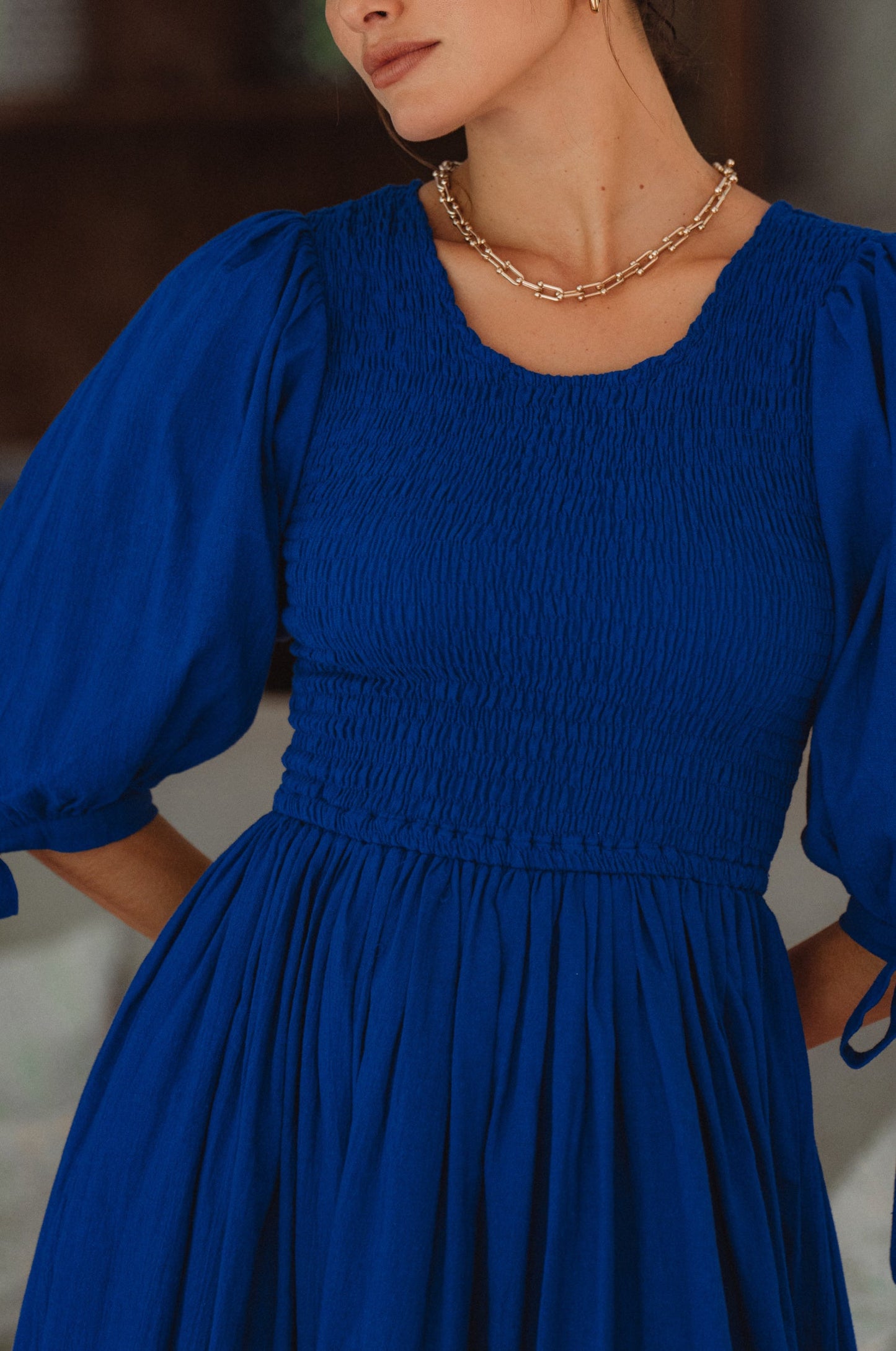 Smocked Linen Midi Dress