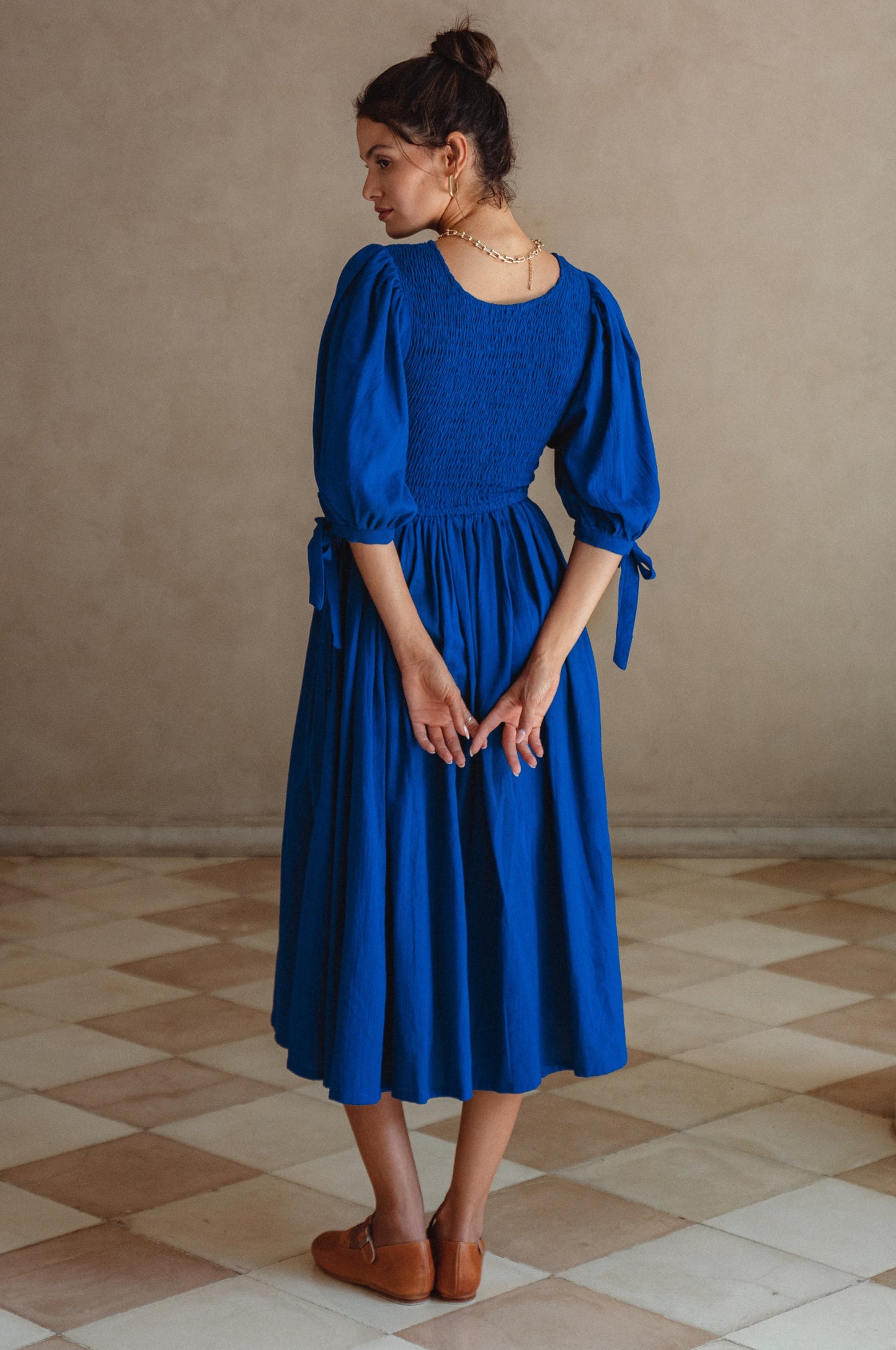Smocked Linen Midi Dress