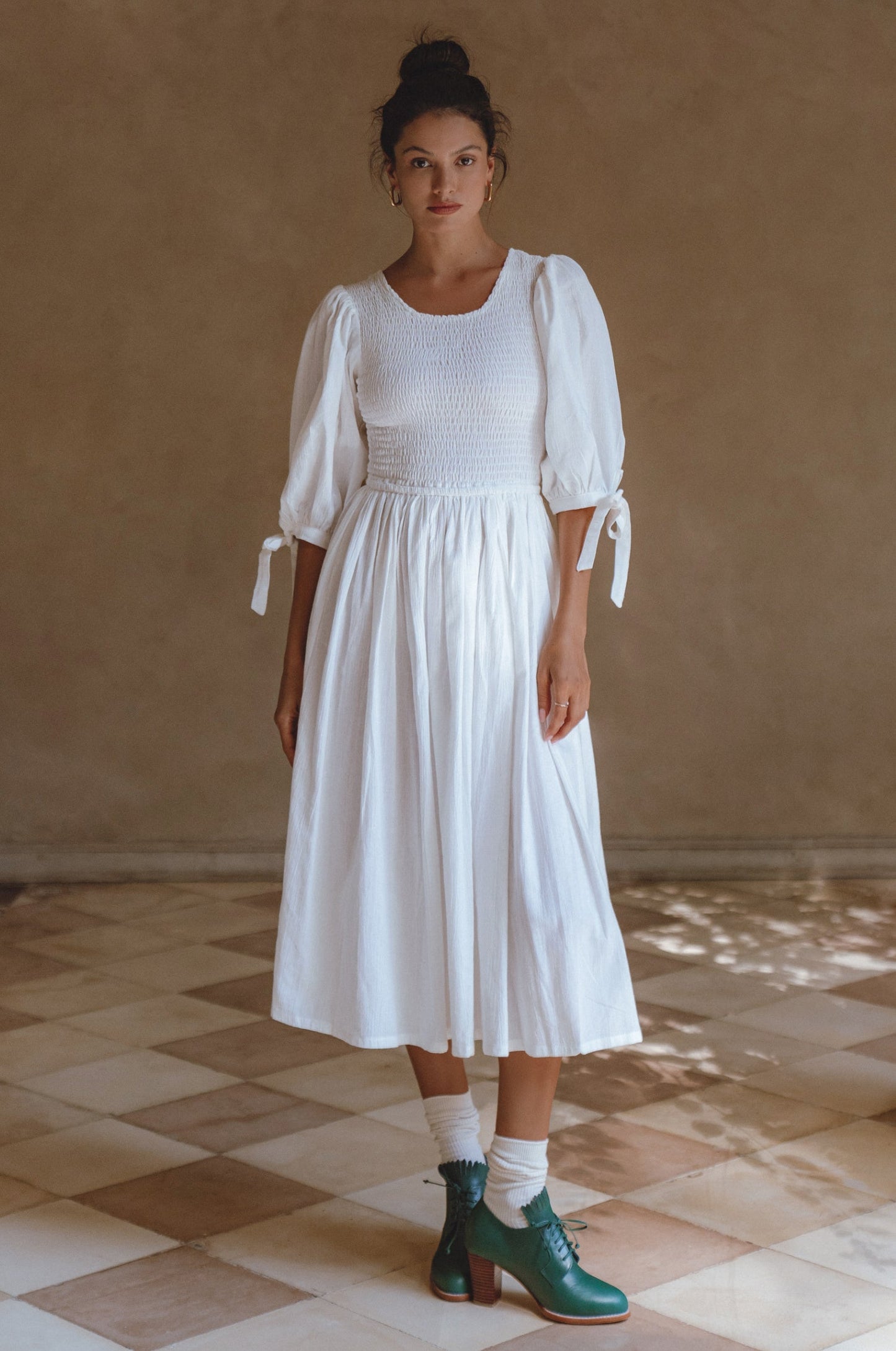 Smocked Linen Midi Dress