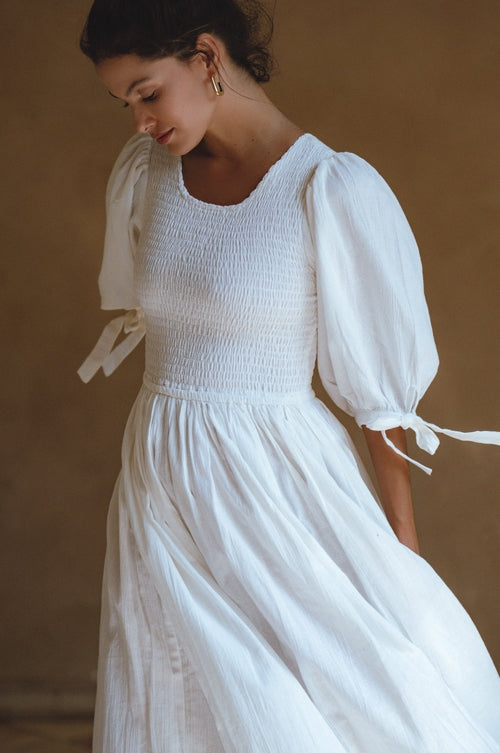 Smocked Linen Midi Dress