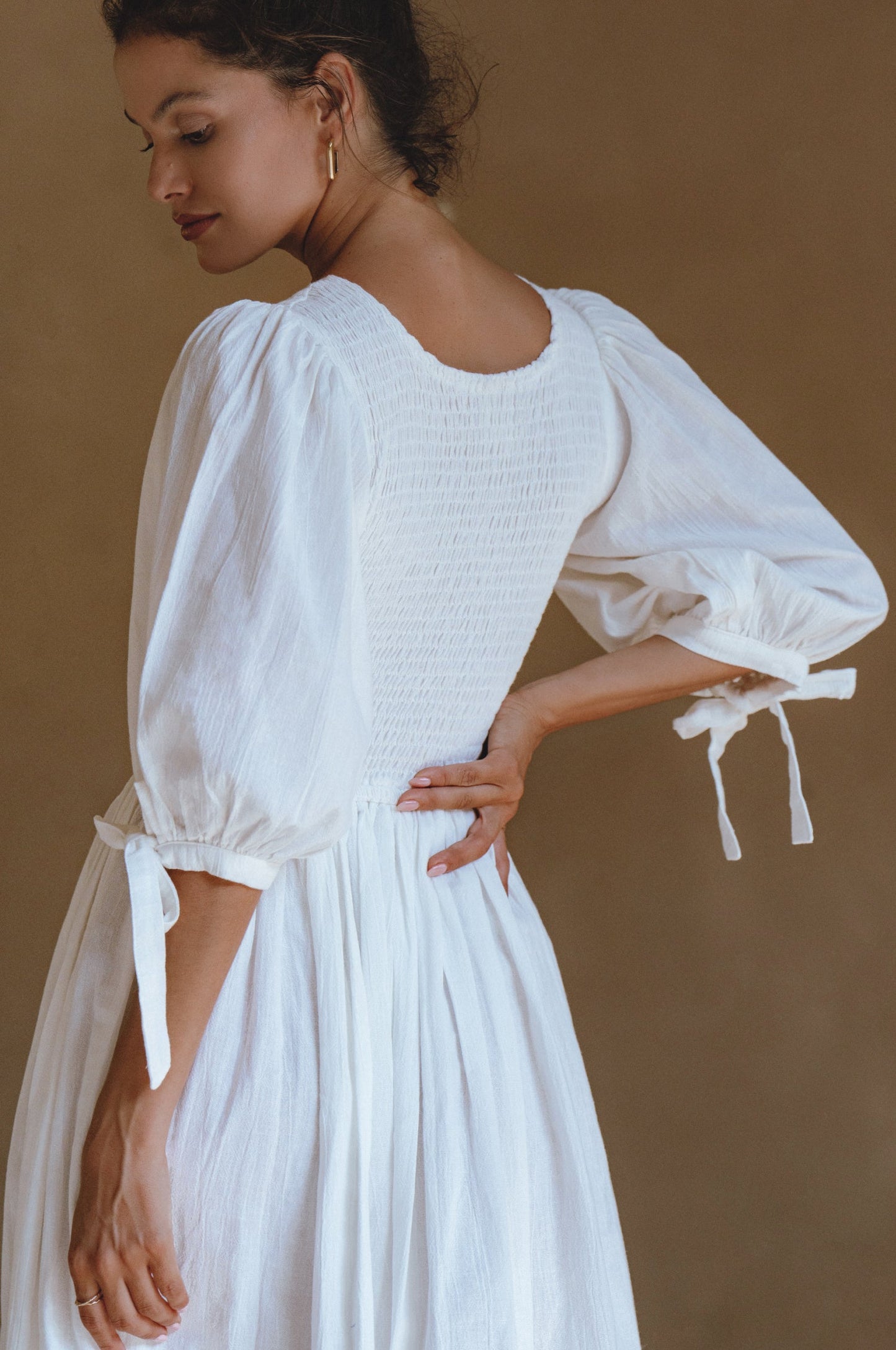 Smocked Linen Midi Dress