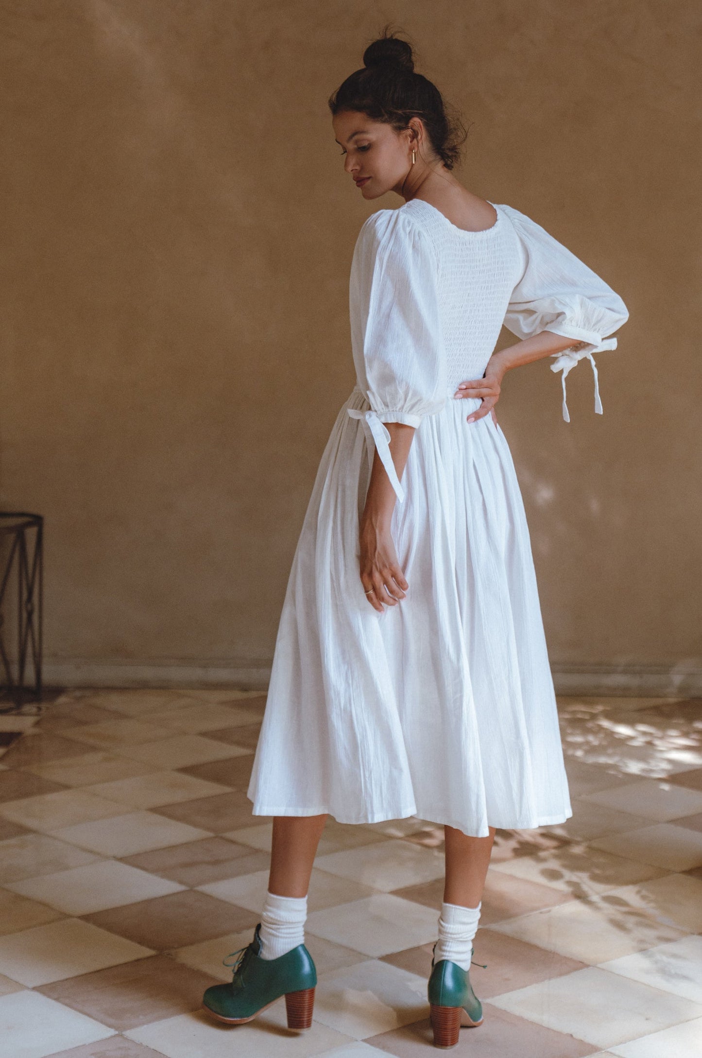 Smocked Linen Midi Dress