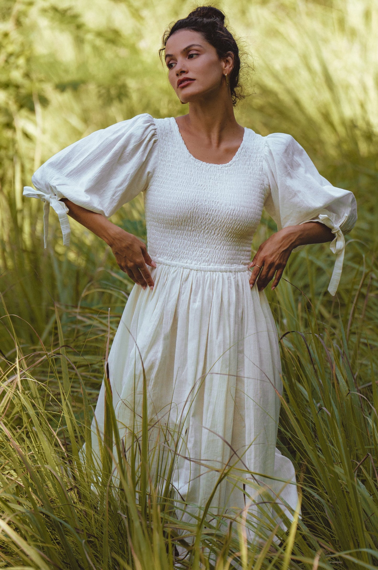 Smocked Linen Midi Dress
