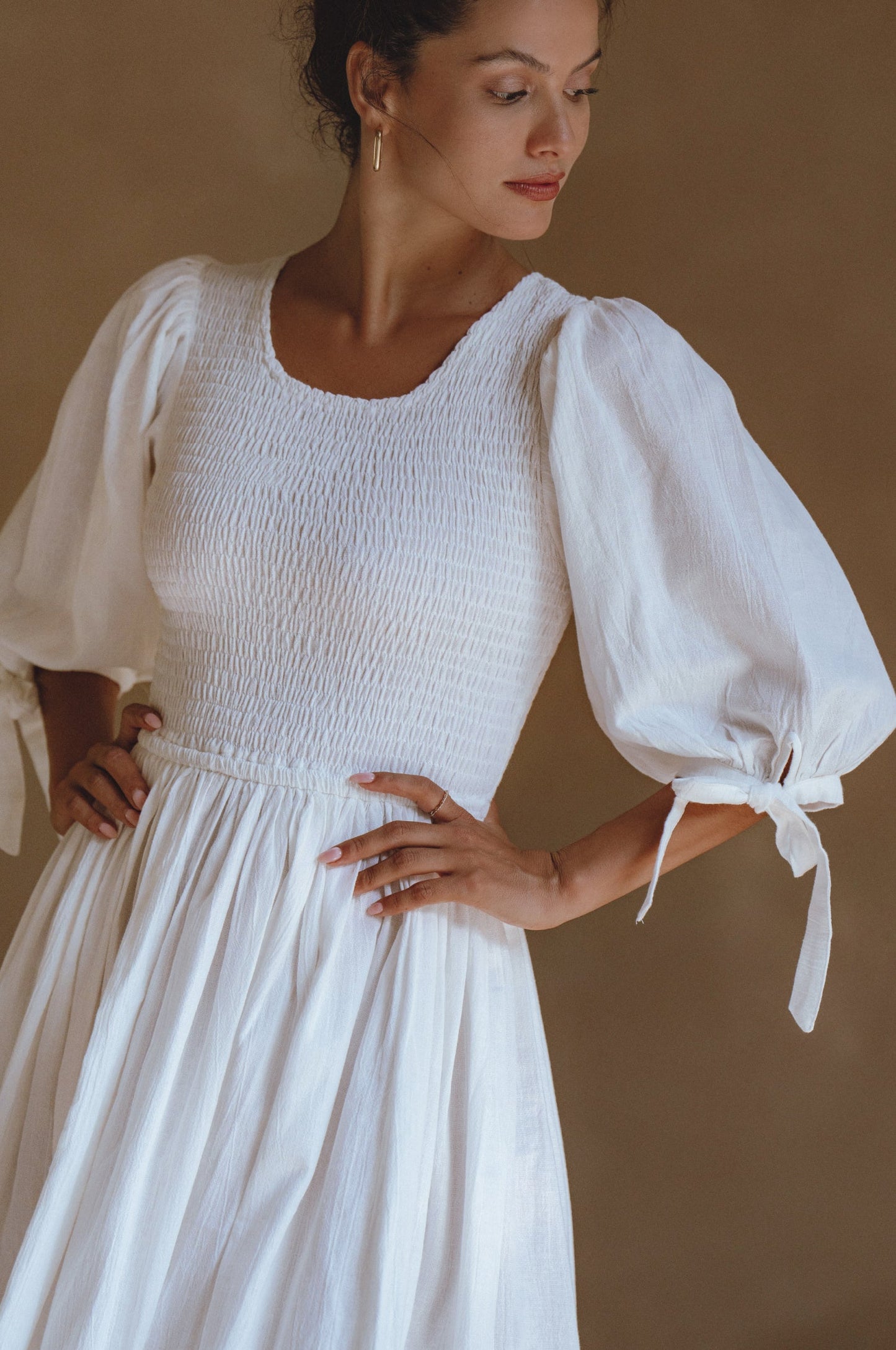 Smocked Linen Midi Dress