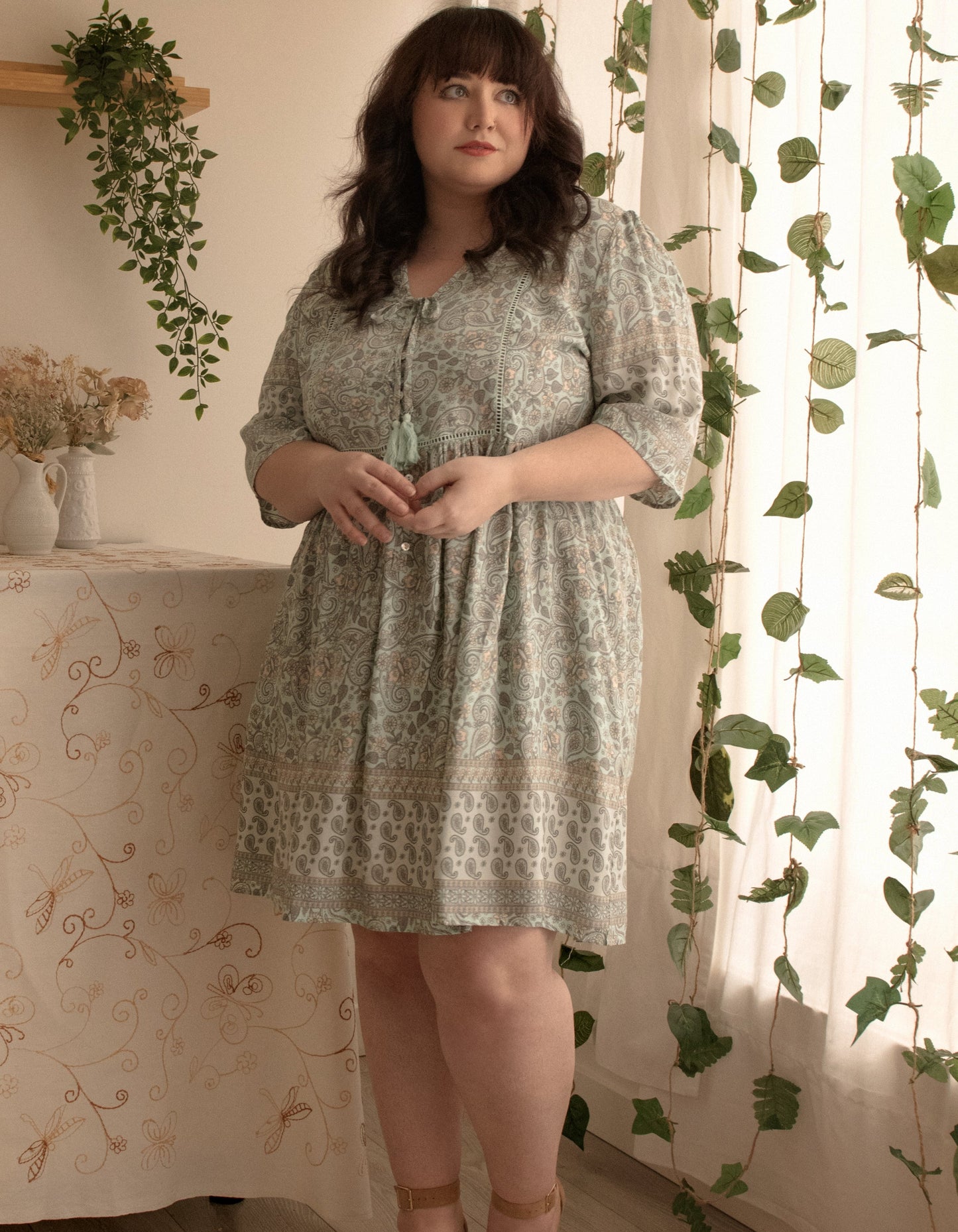 Dress A-line Bohemian Print Tassels Green