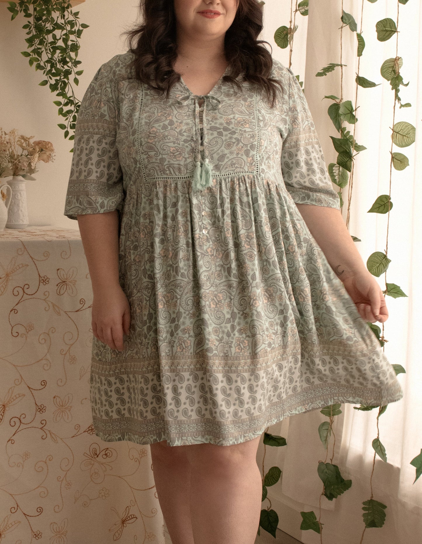 Dress A-line Bohemian Print Tassels Green