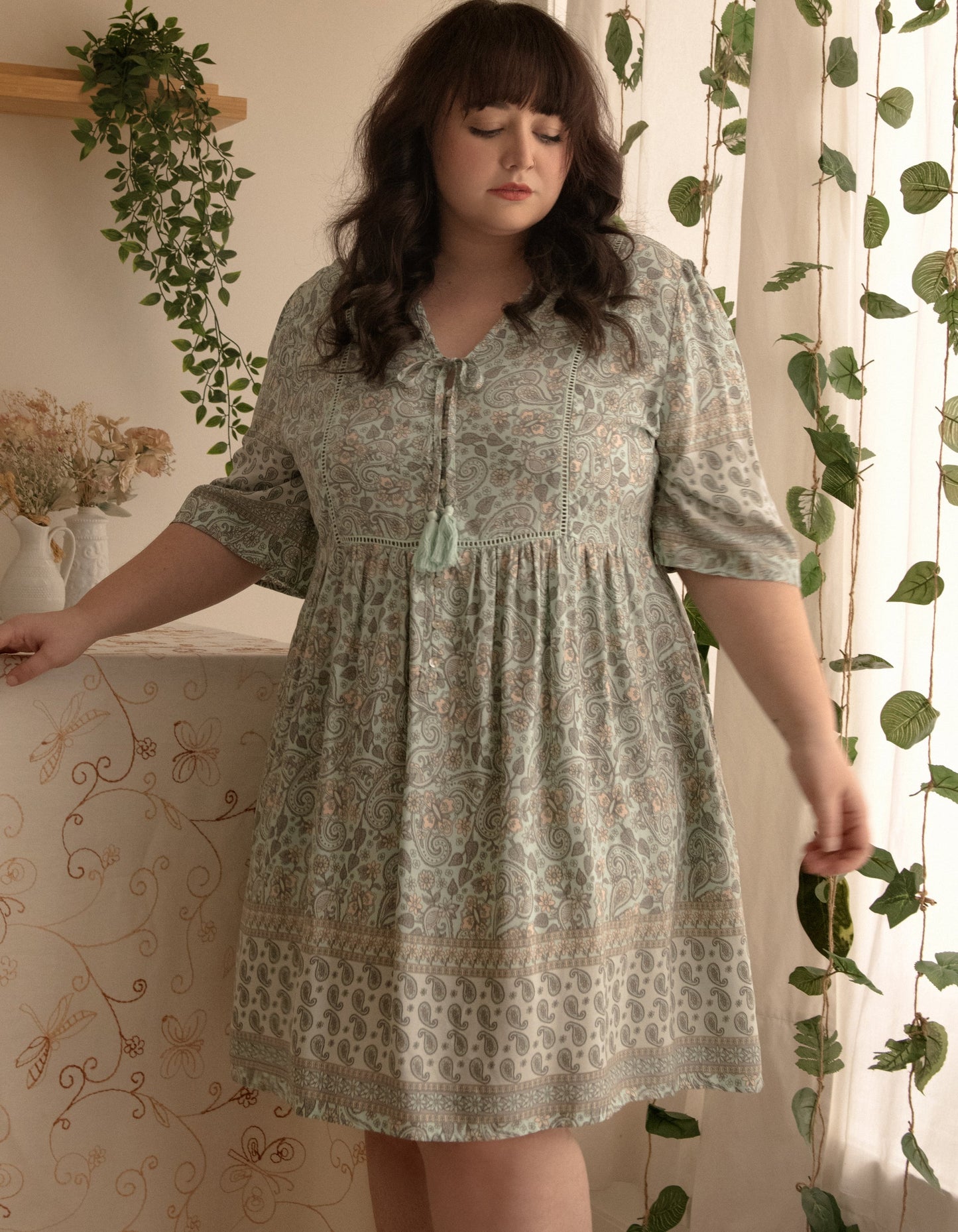 Dress A-line Bohemian Print Tassels Green