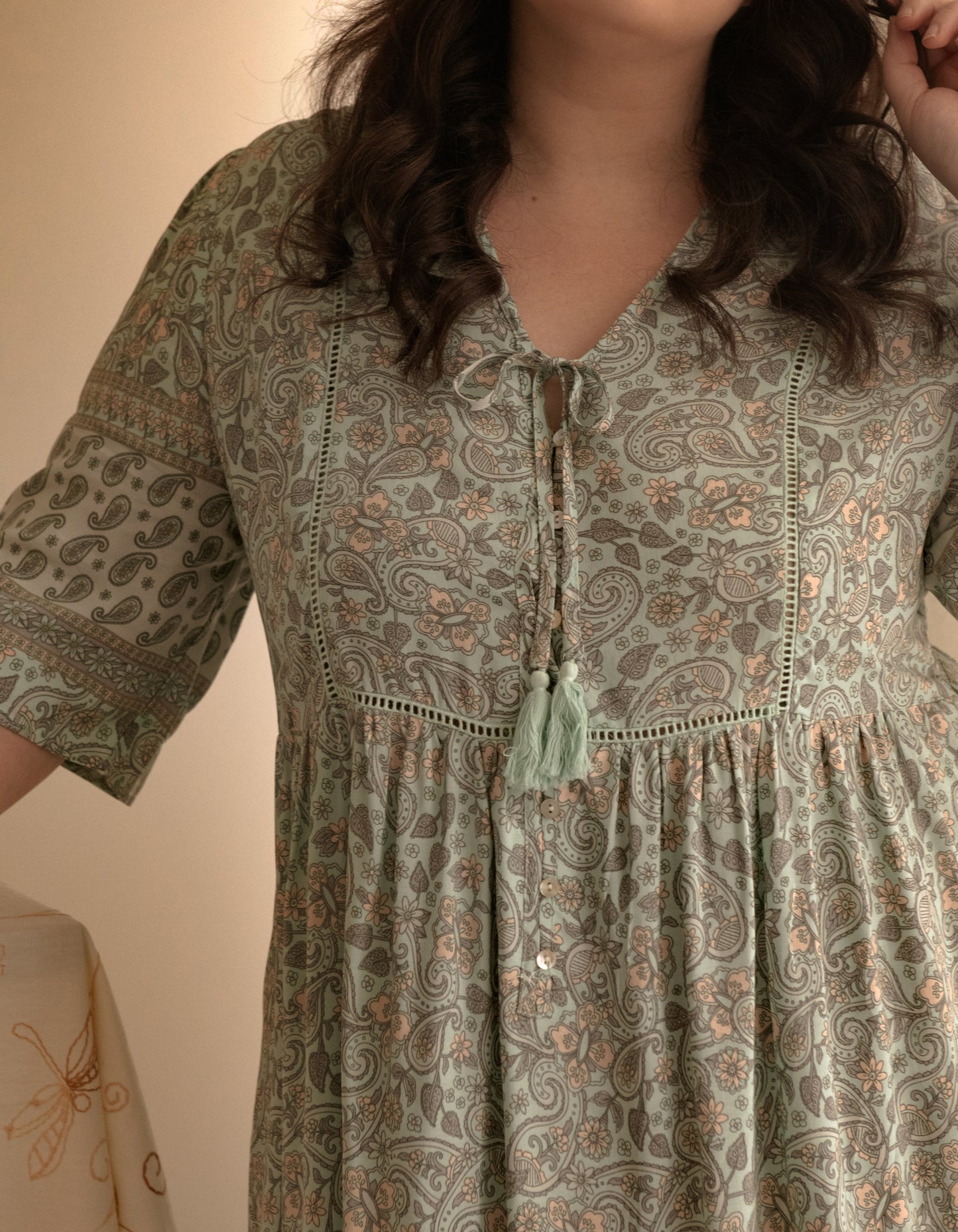 Dress A-line Bohemian Print Tassels Green