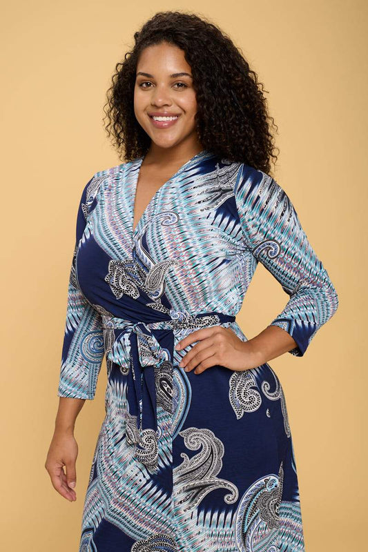 Print V neck Jersey Wrap Dress with Tie