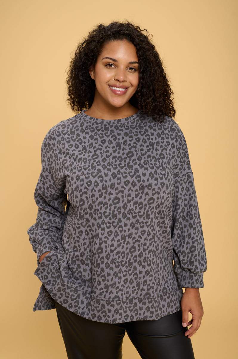 Animal Print Sweatshirt with Side Slits