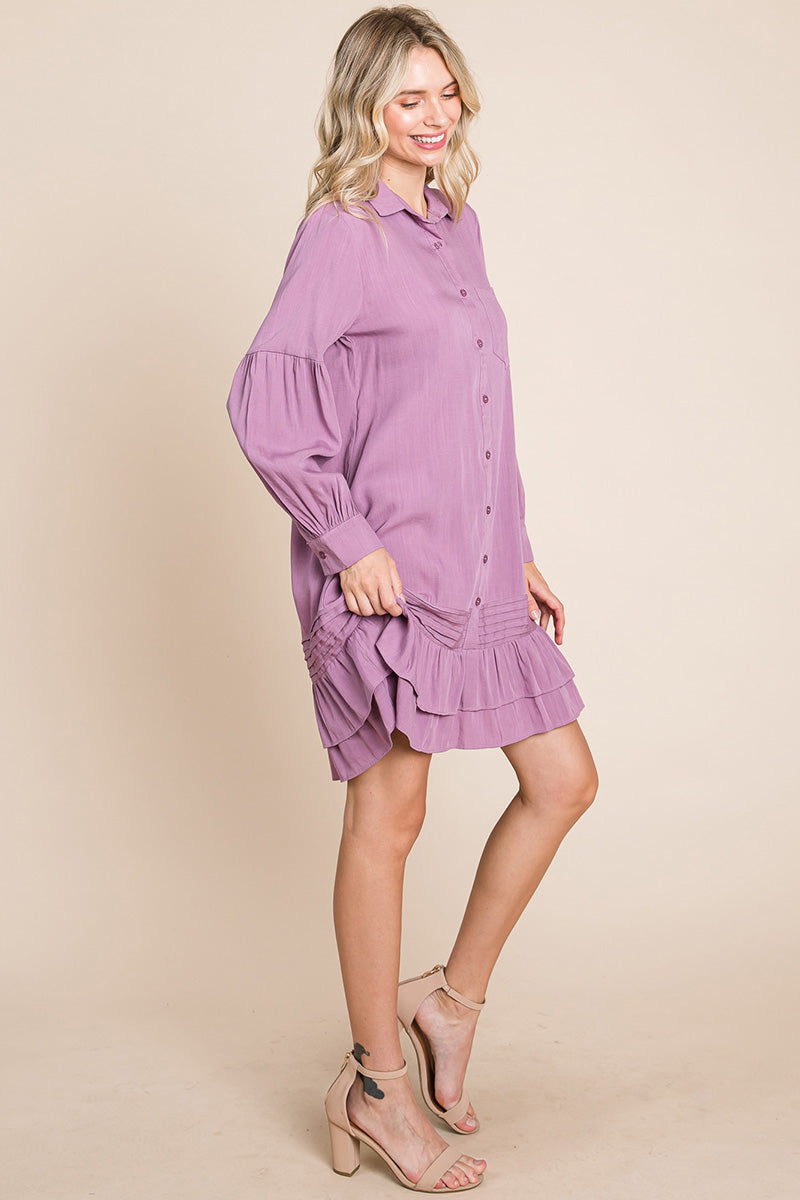 Collared Ruffled Hem Pintucked Shirt Dress