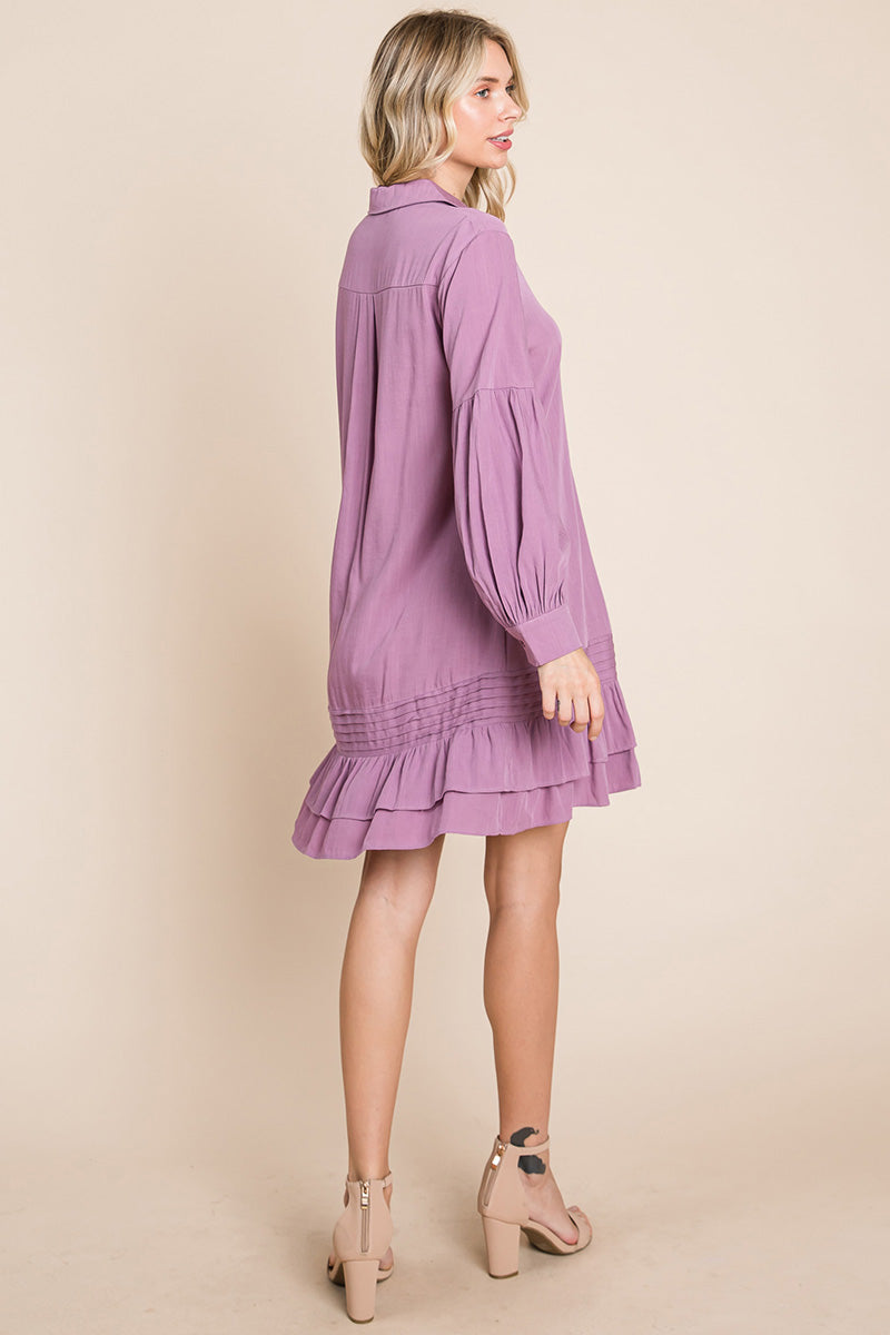 Collared Ruffled Hem Pintucked Shirt Dress