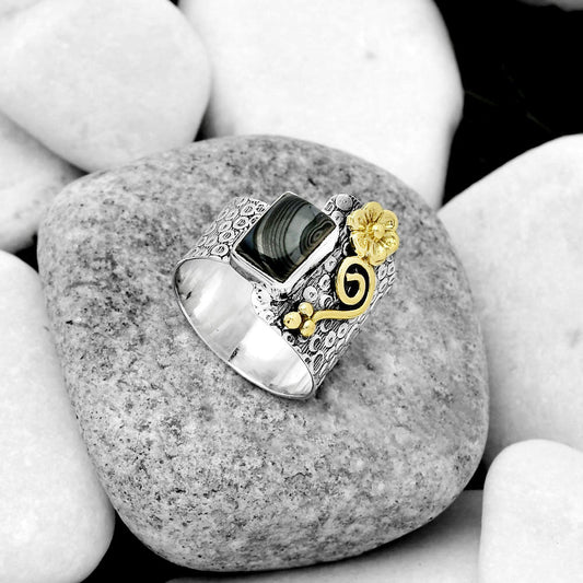 Two Tone Crown Of Silver Psilomelane Black Malachite Silver Ring