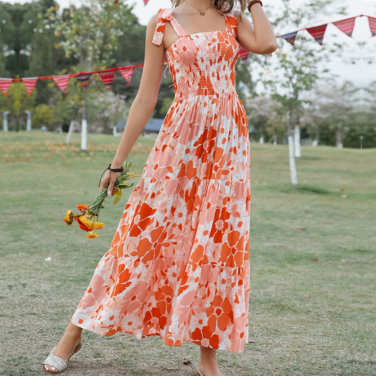 Womens Floral Self Tie Strap Tube Dress