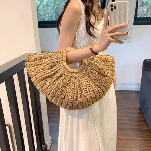 NEW ME IM Half Moon Design Basket  Beach Straw Bag