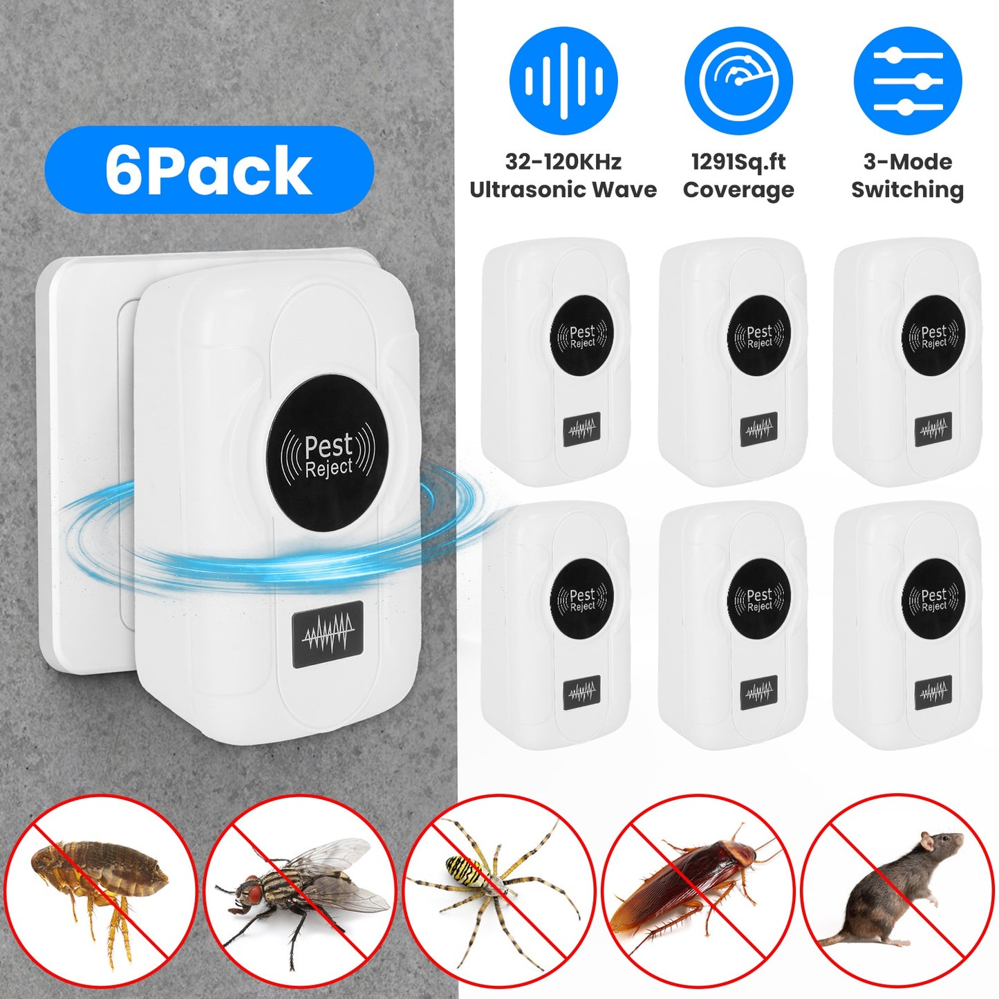 6 Pack 32-120KHz Ultrasonic Insect Repellent Indoor Plug In Bug Repellent Mosquito Roaches Mice Control With 3 Modes For Bedroom Garage Warehouse Office For Spring Summer