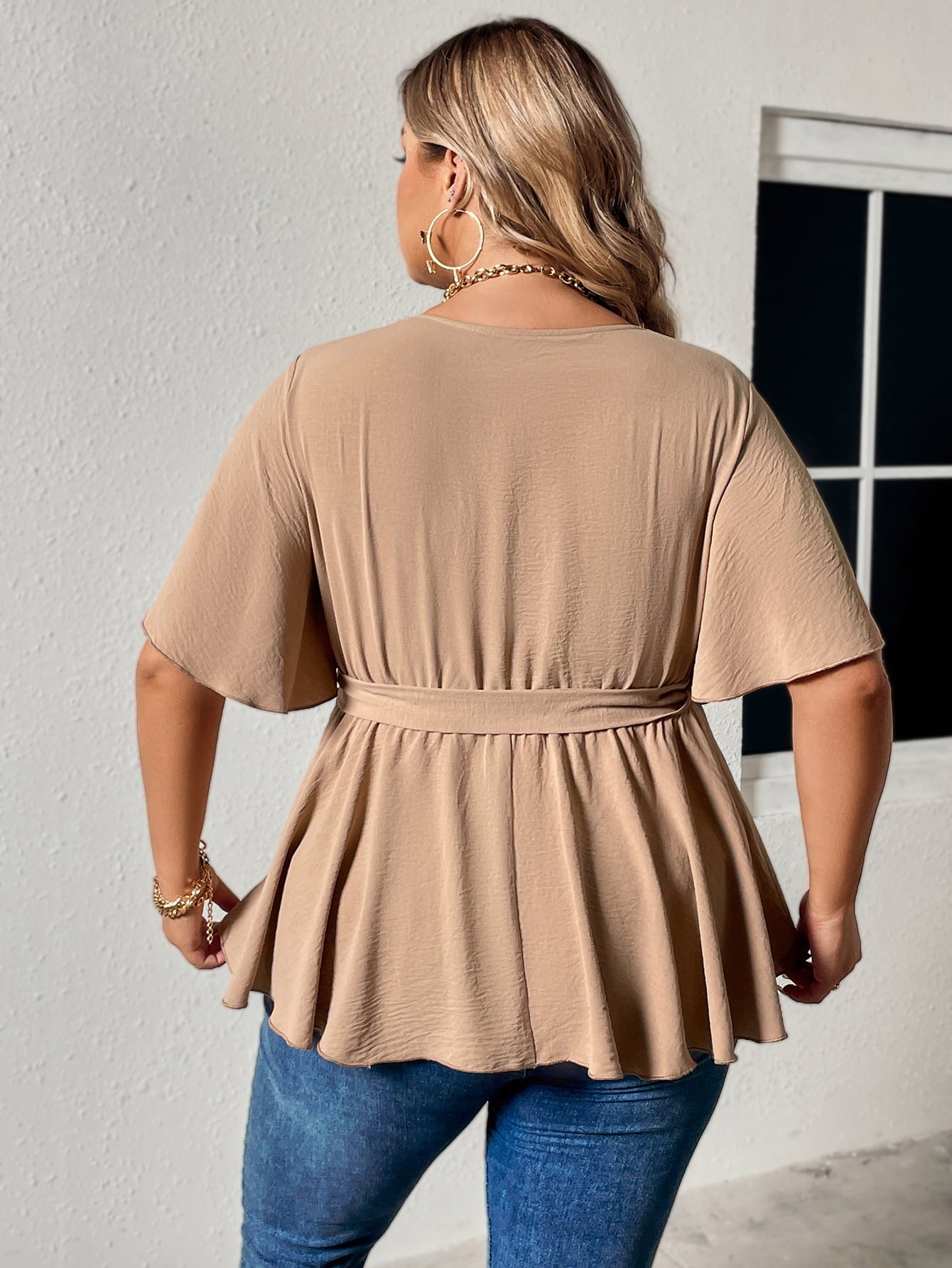 Plus Size Buttoned Tie Waistband Flutter Sleeve Blouse