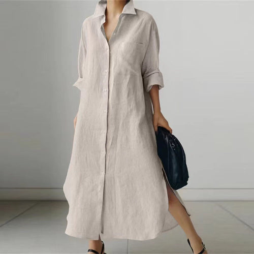 Women's Slit Shirt Dress Solid Color Long-sleeved Cardigan Irregular