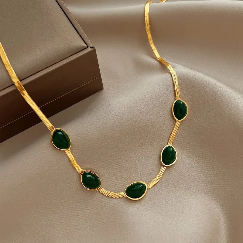 Fashion Jewelry Green Stone Crytal Snake Chain Multilayer Necklace For