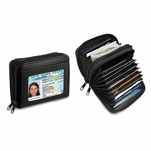 Genuine Leather Credit Card Wallet for Women w/ ID Display Window
