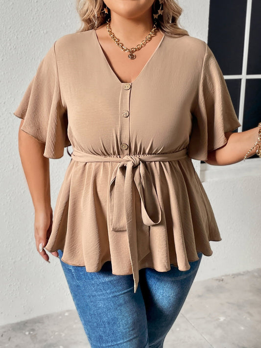 Plus Size Buttoned Tie Waistband Flutter Sleeve Blouse