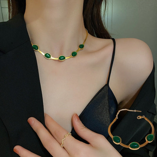 Fashion Jewelry Green Stone Crytal Snake Chain Multilayer Necklace For