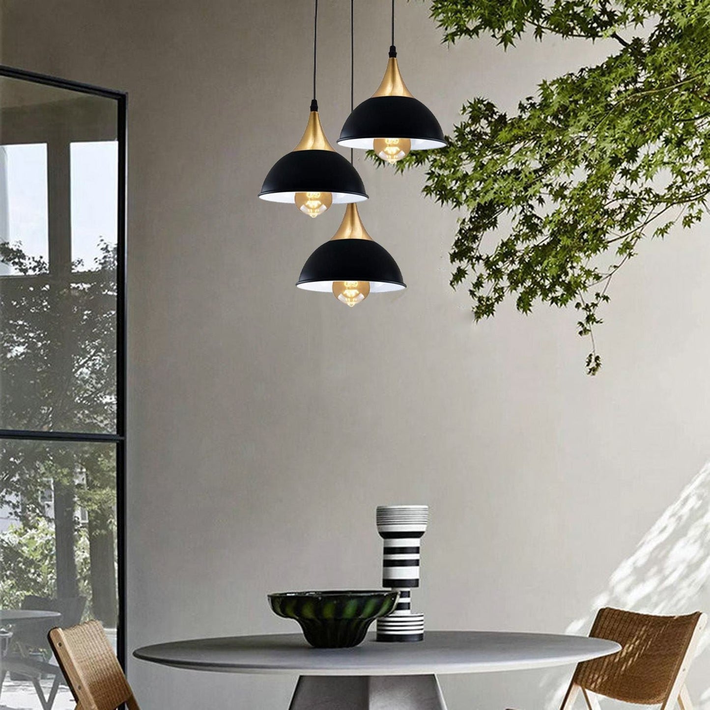 Retro Industrial 3Way Hanging Ceiling Pendant Light Black Dome Shape