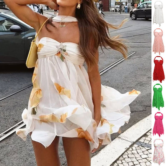 Ins Halter Neck Backless Dress Summer Sexy Printed Irregular Mesh