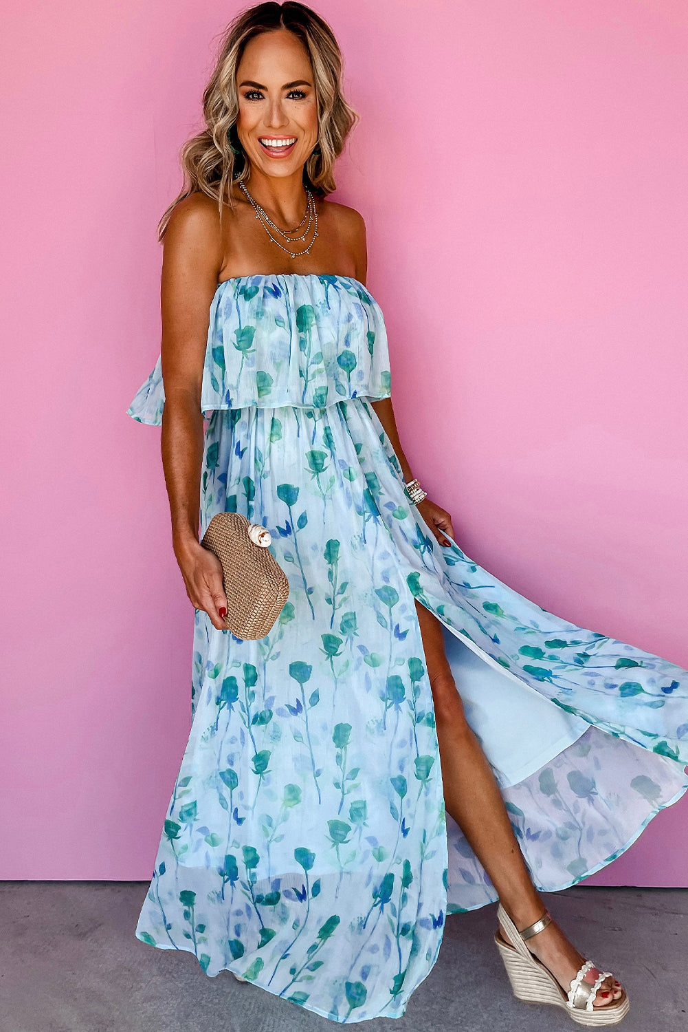 Green Floral Print Ruffled Side Slit Tube Maxi Dress