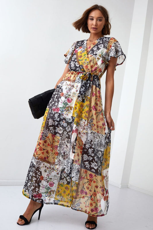 Maxi wrap dress with a belt, yellow
