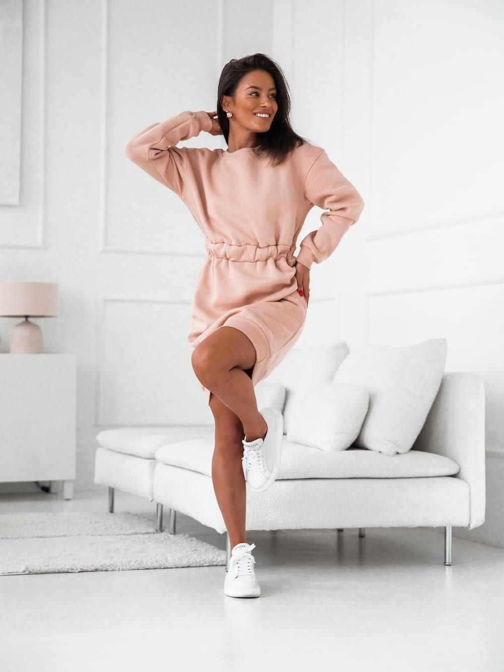Warm dress with a cutout on the back, beige