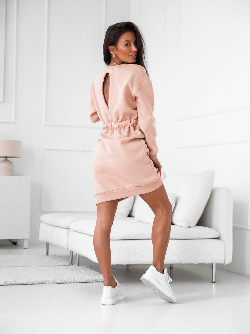 Warm dress with a cutout on the back, beige