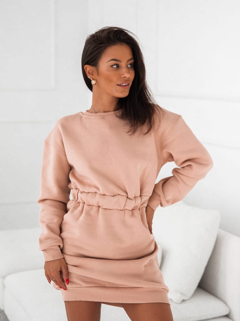 Warm dress with a cutout on the back, beige
