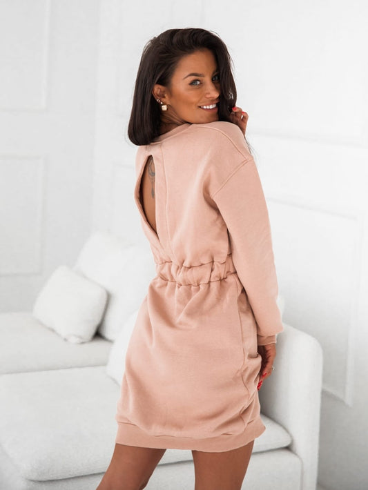 Warm dress with a cutout on the back, beige