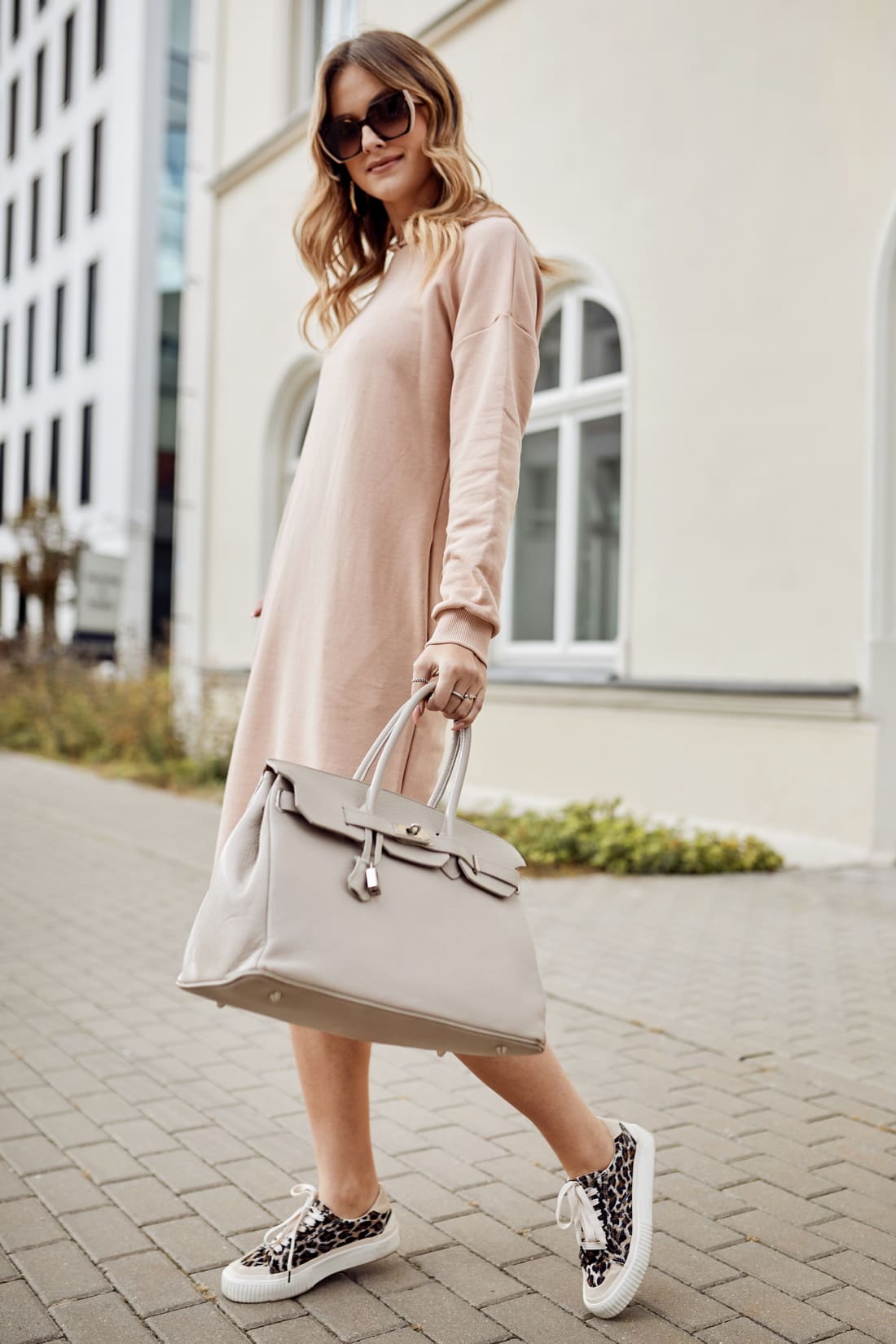 Sports midi dress with a hood, beige