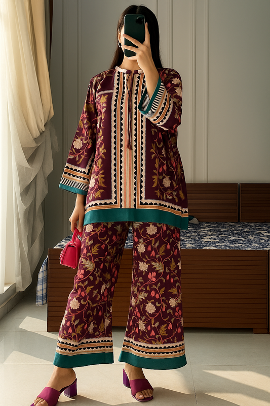 Maroon Floral Print Co-ord Set with Contrast Border Detailing –
